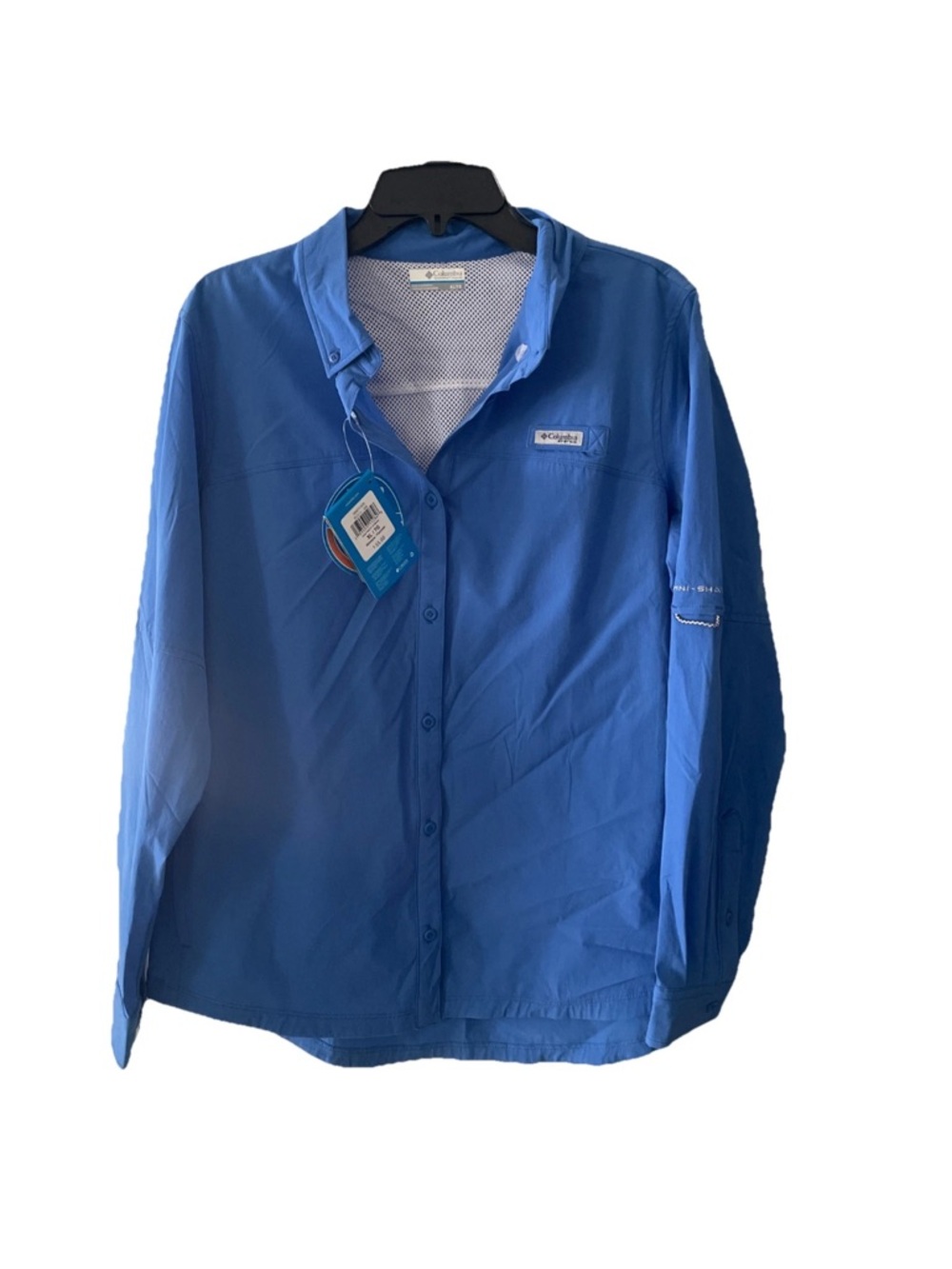 Columbia Hooded Rain Jacket Women xl blue White Full Zip Omni-Shade Windbreaker
